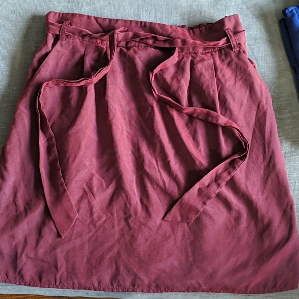 Marroon paper bag waist skirt with tie belt
